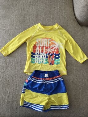 Kids Yellow 'Surf All Day' Long-Sleeve Rashguard & Blue Swim Shorts Set